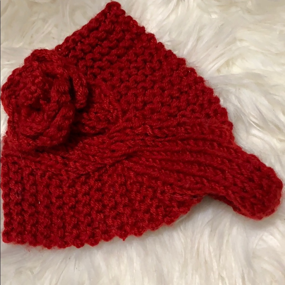 💙 Red Knit Ear Warmer Headband w/ Flower - Picture 4 of 5